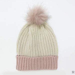 Color Block Beanie with Faux Fur Pom in Blush Pink